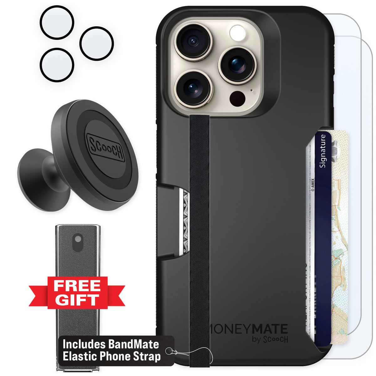 Scooch Moneymate Black for iPhone 15 Pro — Defender Bundle