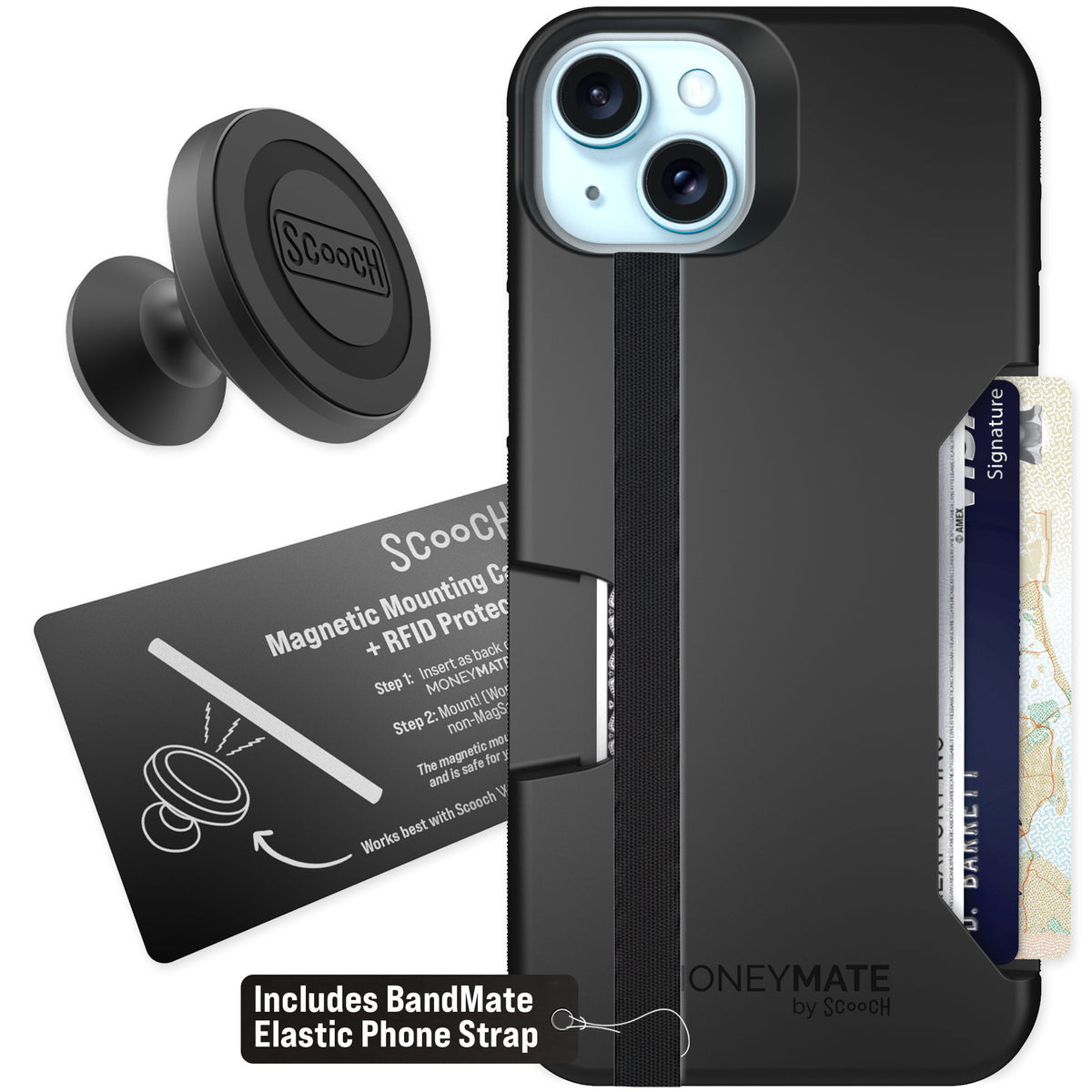 Scooch Moneymate Black for iPhone 15 Plus — Starter Bundle