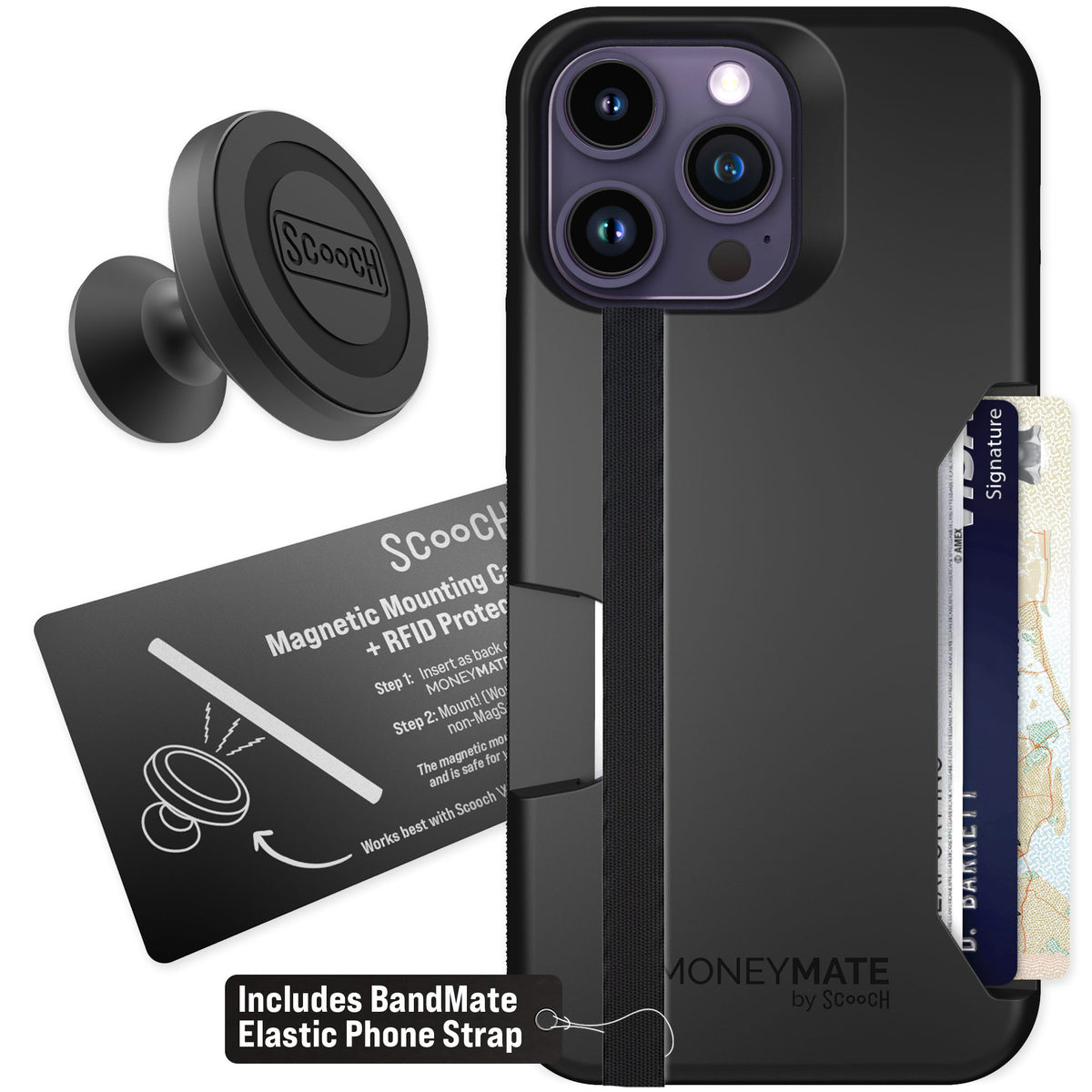 Scooch Moneymate Black for iPhone 14 Pro Max — Starter Bundle