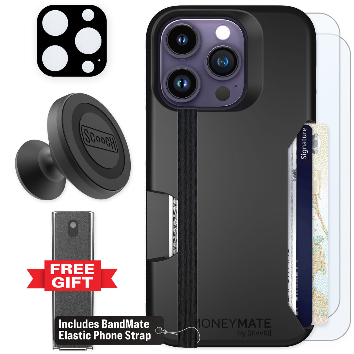 Scooch Moneymate Black for iPhone 14 Pro — Defender Bundle