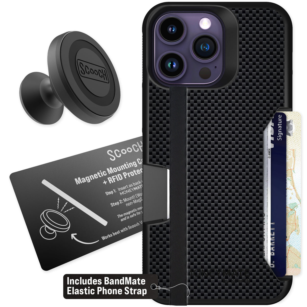 Scooch Moneymate Carbon Fiber for iPhone 14 Pro Max — Starter Bundle