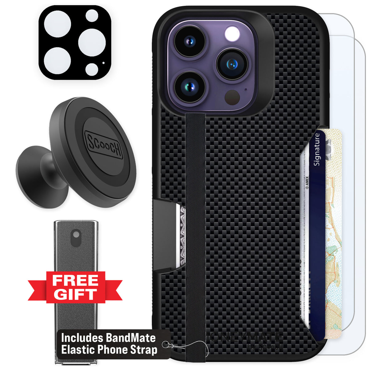 Scooch Moneymate Carbon Fiber for iPhone 14 Pro — Defender Bundle