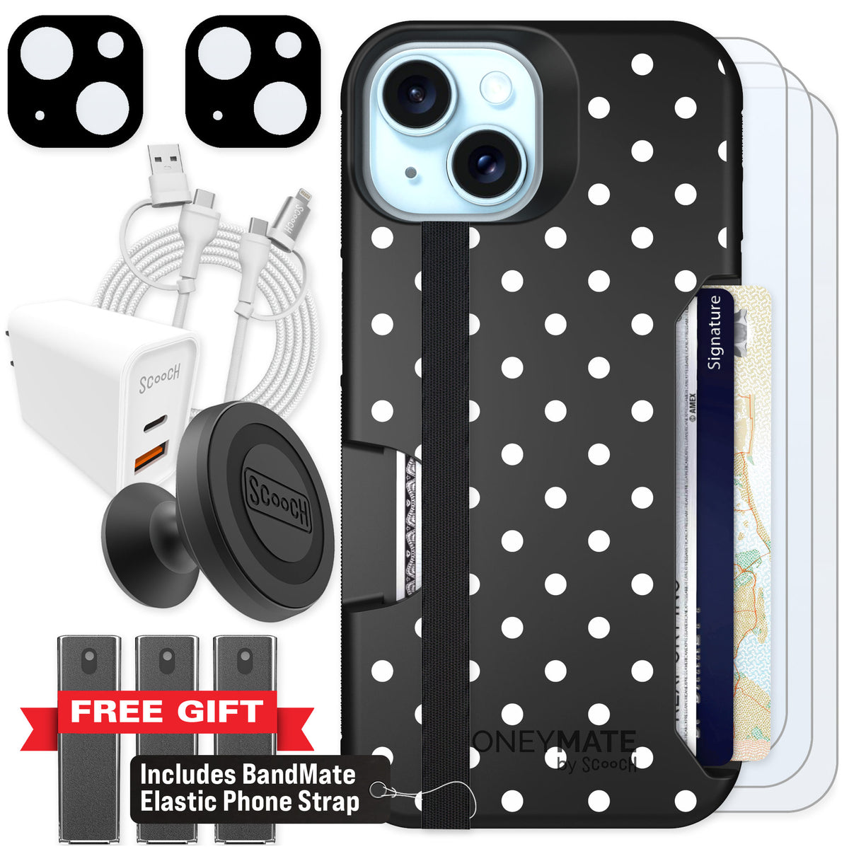 Scooch Moneymate Polka Dots for iPhone 13 — Ultimate Bundle