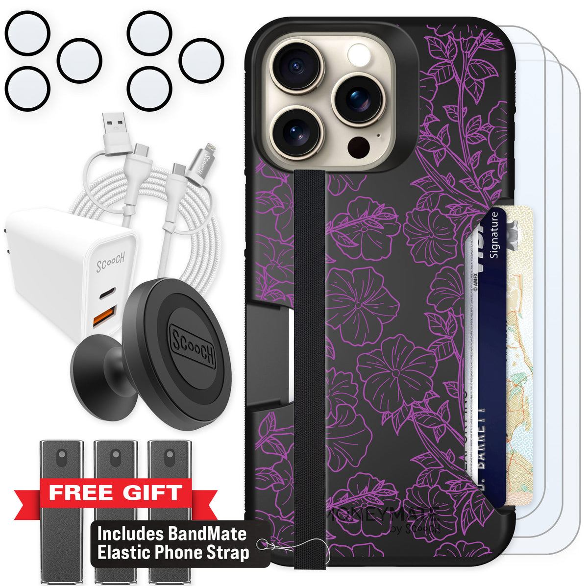 Scooch Moneymate Purple Petunias for iPhone 15 Pro Max — Ultimate Bundle