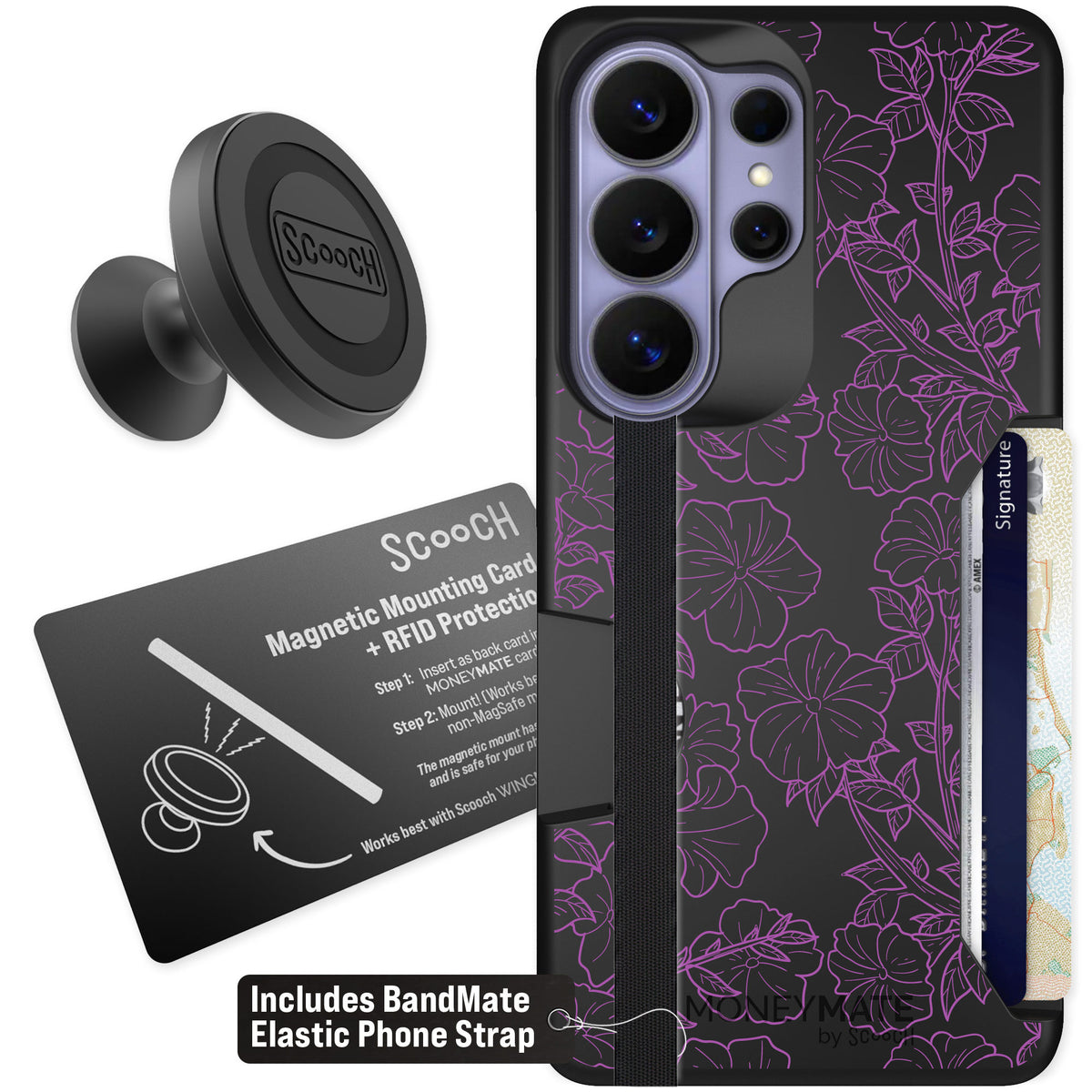 Scooch Moneymate Purple Petunias for Galaxy S26 Ultra — Starter Bundle