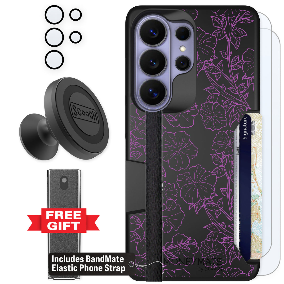 Scooch Moneymate Purple Petunias for Galaxy S26 Ultra — Defender Bundle