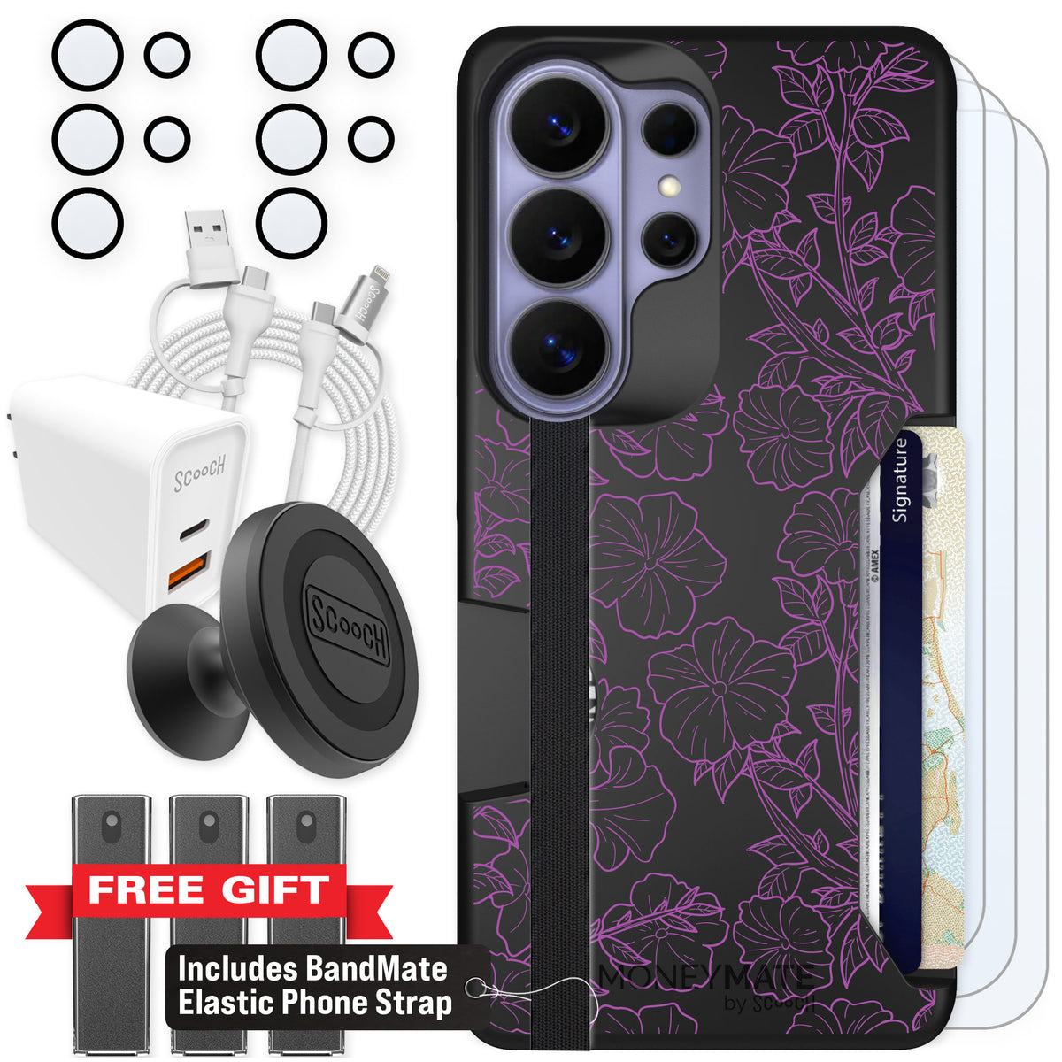 Scooch Moneymate Purple Petunias for Galaxy S26 Ultra — Ultimate Bundle