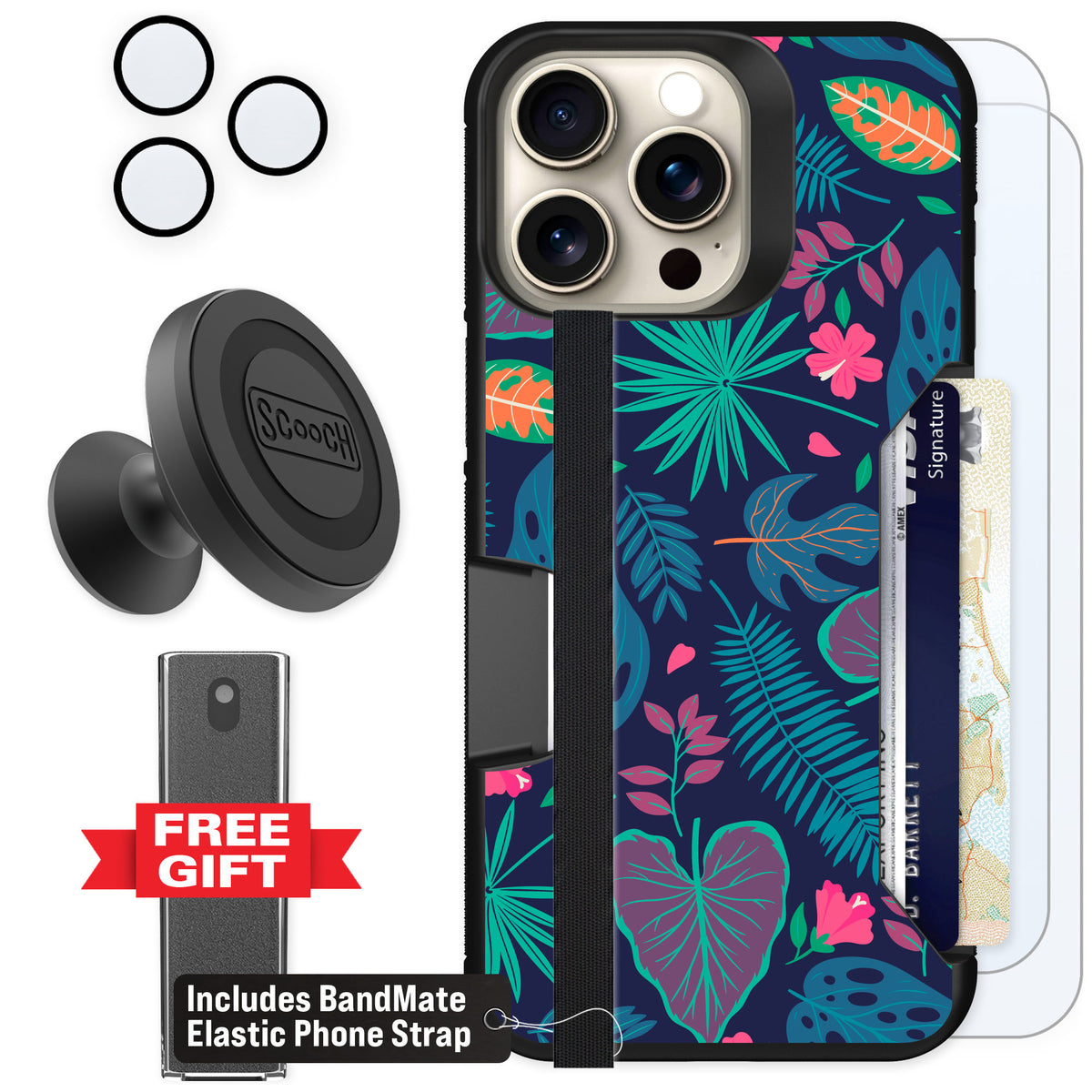 Scooch Moneymate Tropical Leaves for iPhone 15 Pro Max — Defender Bundle