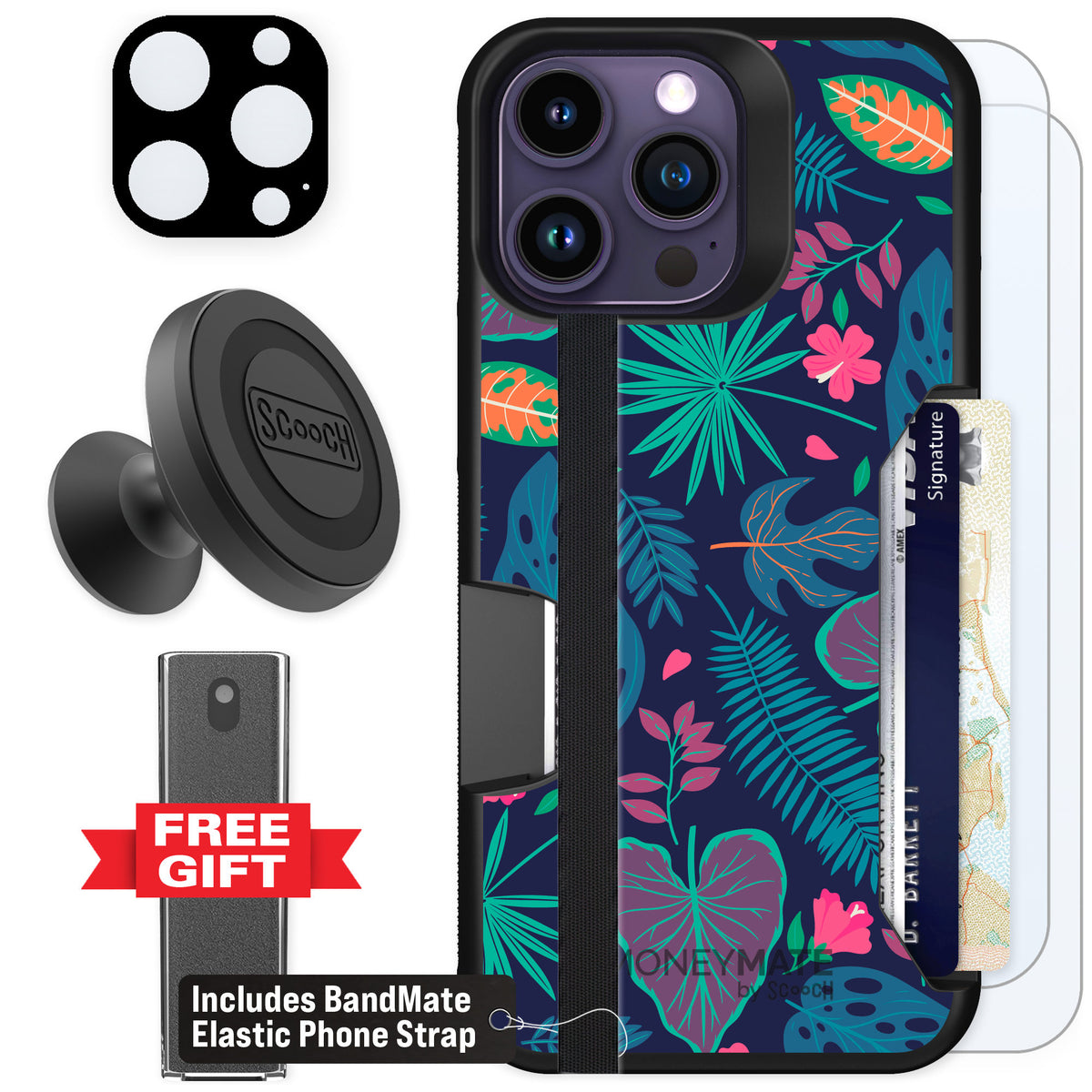 Scooch Moneymate Tropical Leaves for iPhone 14 Pro Max — Defender Bundle