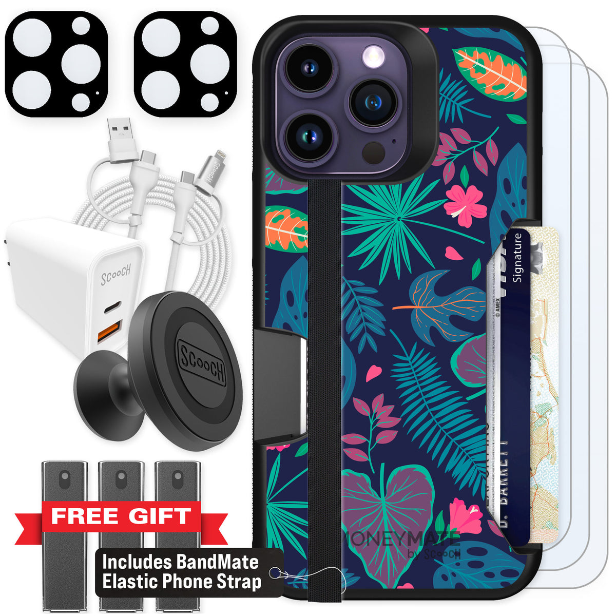 Scooch Moneymate Tropical Leaves for iPhone 14 Pro Max — Ultimate Bundle