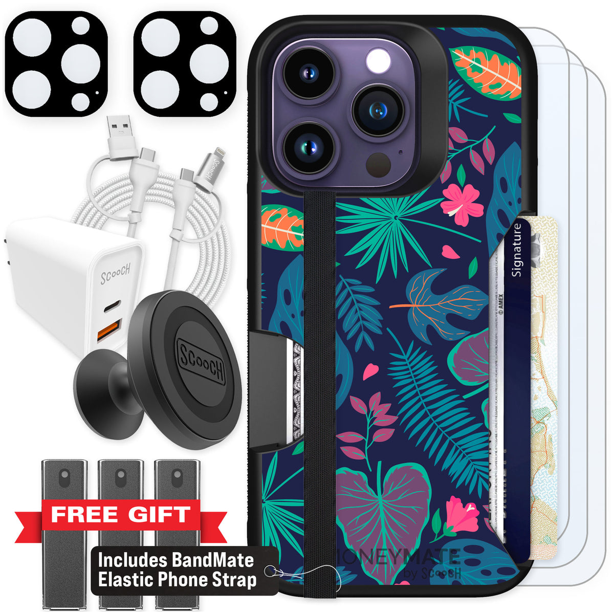 Scooch Moneymate Tropical Leaves for iPhone 14 Pro — Ultimate Bundle