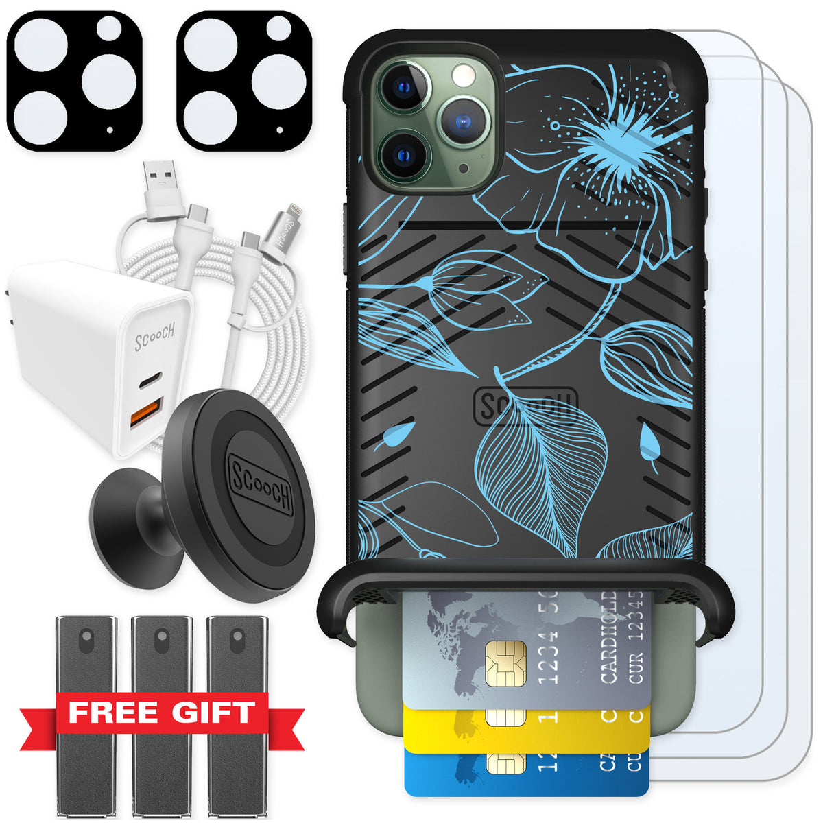 Scooch Wingmate Blue Hibiscus for iPhone 11 Pro Max — Ultimate Bundle