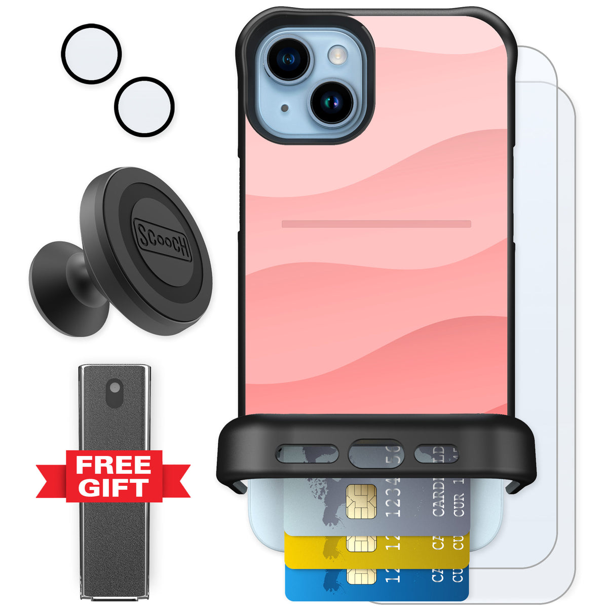 Scooch Wingmate Pink Waves for iPhone 15 Plus — Defender Bundle