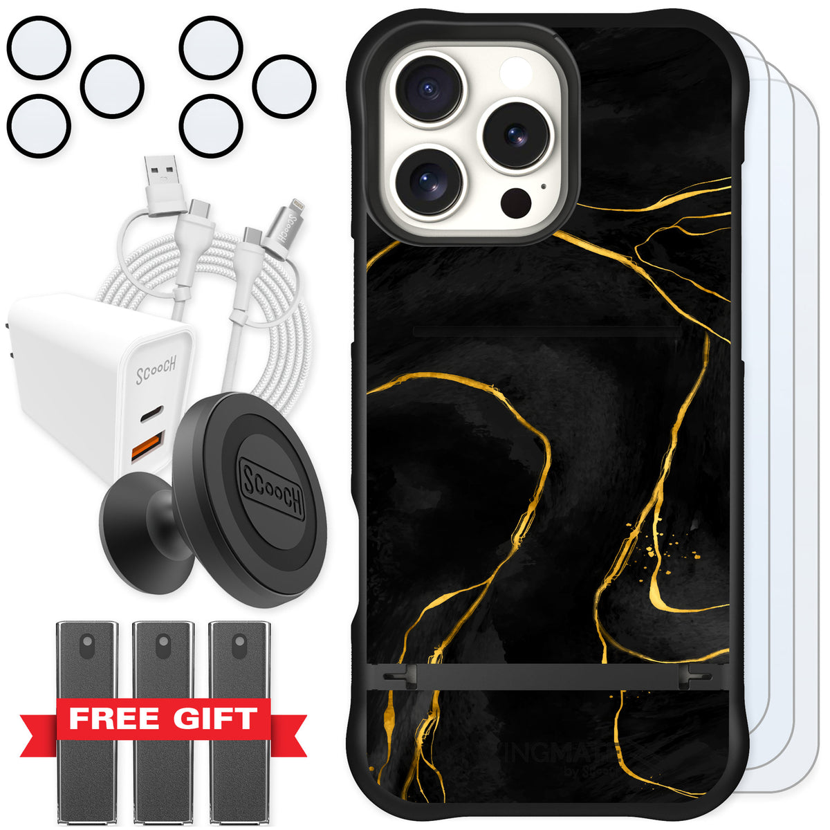 Scooch Wingmate Black Marble for iPhone 16 Pro Max — Ultimate Bundle