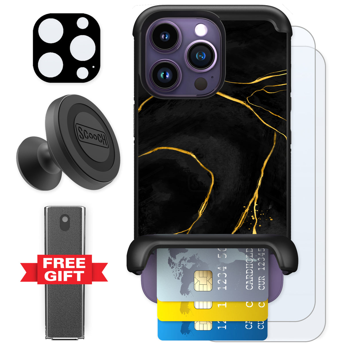 Scooch Wingmate Black Marble for iPhone 14 Pro — Defender Bundle