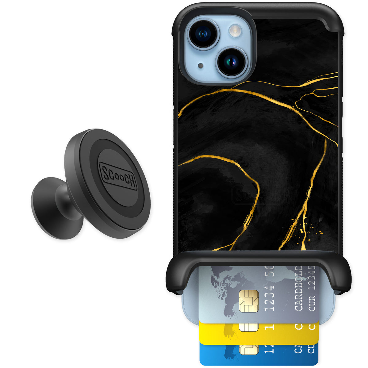 Scooch Wingmate Black Marble for iPhone 14 — Starter Bundle