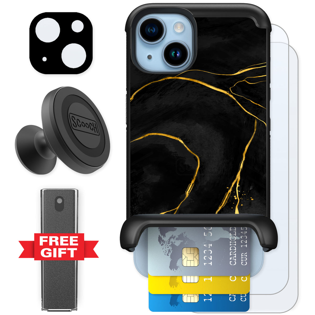 Scooch Wingmate Black Marble for iPhone 14 — Defender Bundle