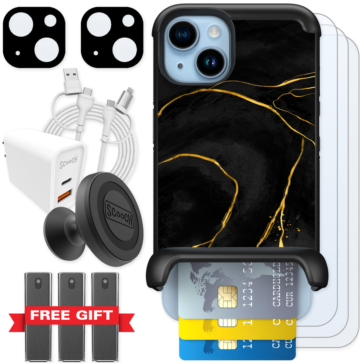 Scooch Wingmate Black Marble for iPhone 14 — Ultimate Bundle