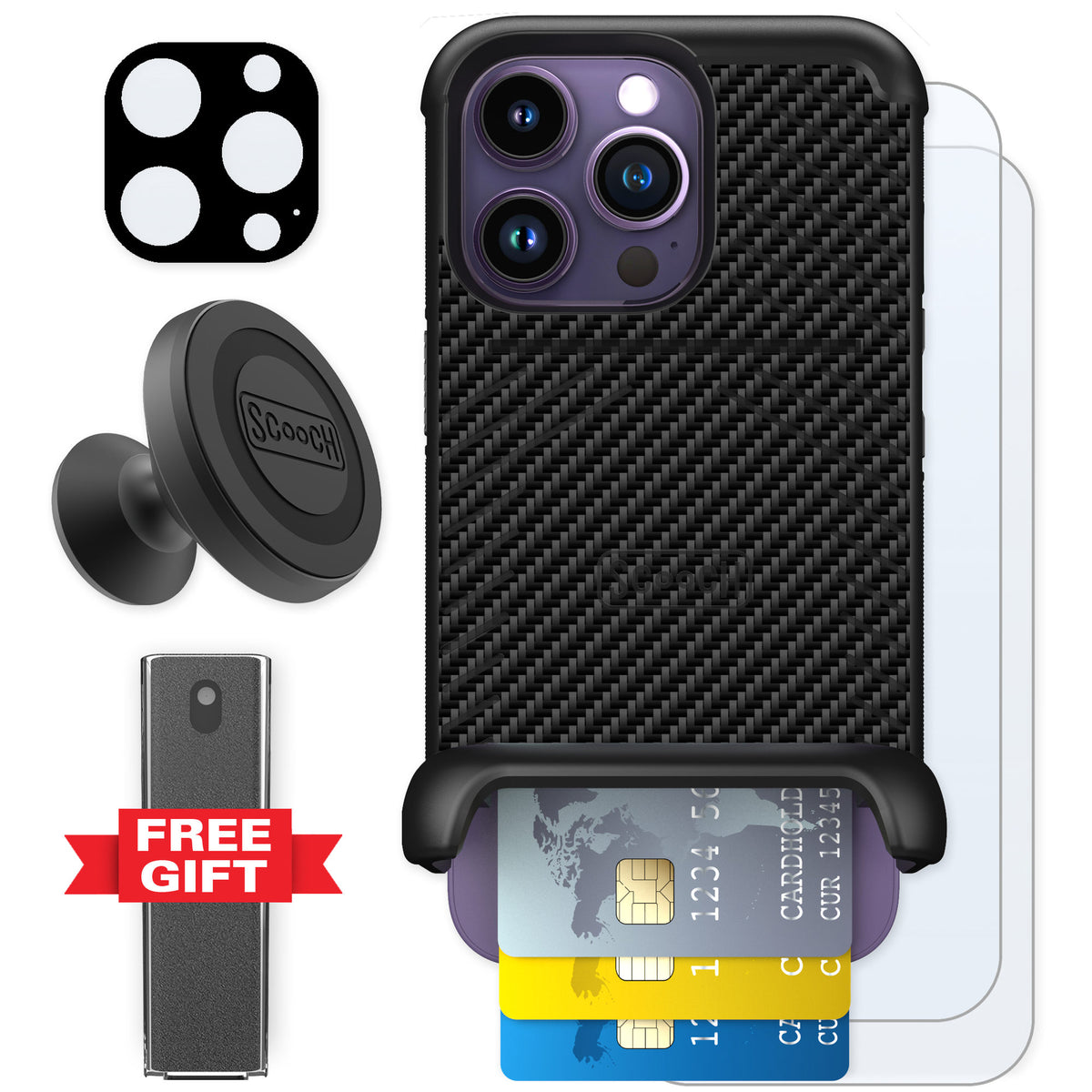 Scooch Wingmate Carbon Fiber for iPhone 14 Pro — Defender Bundle