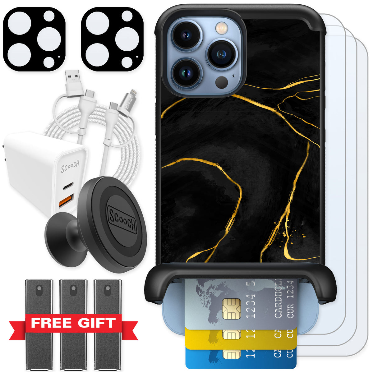 Scooch Wingmate Black Marble for iPhone 13 Pro Max — Ultimate Bundle
