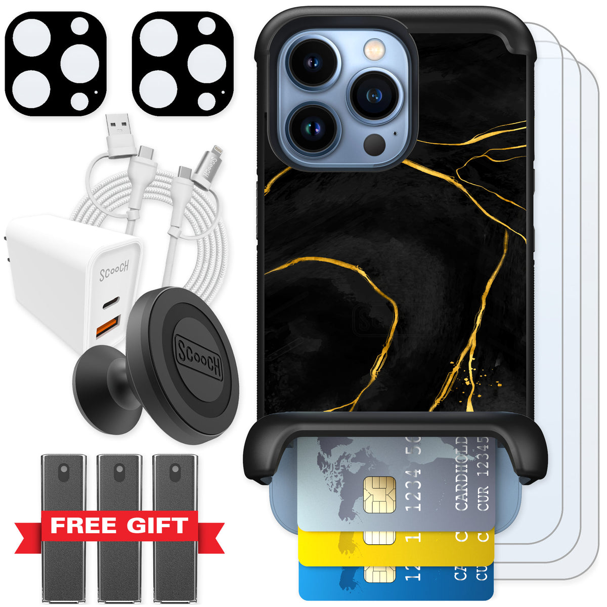 Scooch Wingmate Black Marble for iPhone 13 Pro — Ultimate Bundle