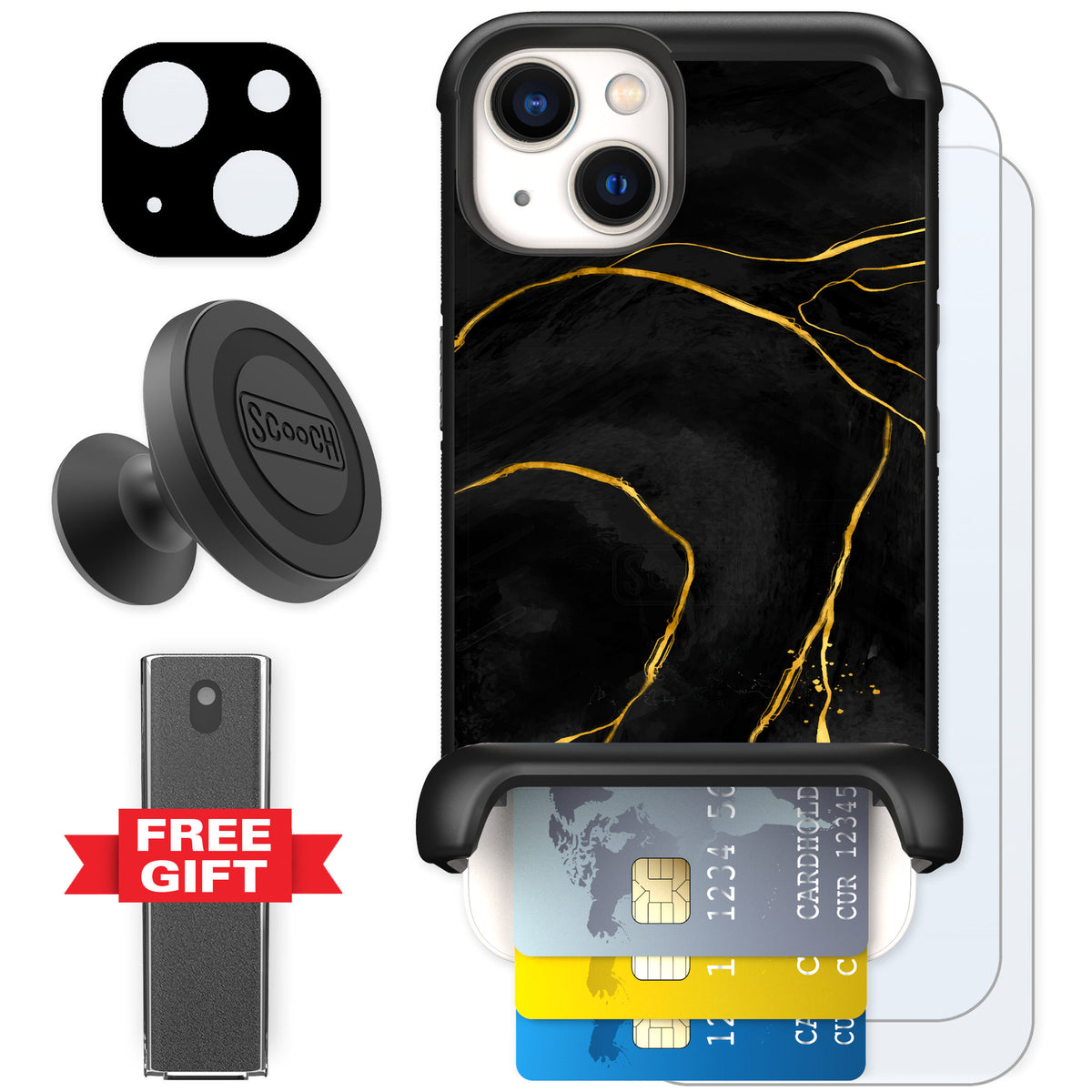 Scooch Wingmate Black Marble for iPhone 13 — Defender Bundle