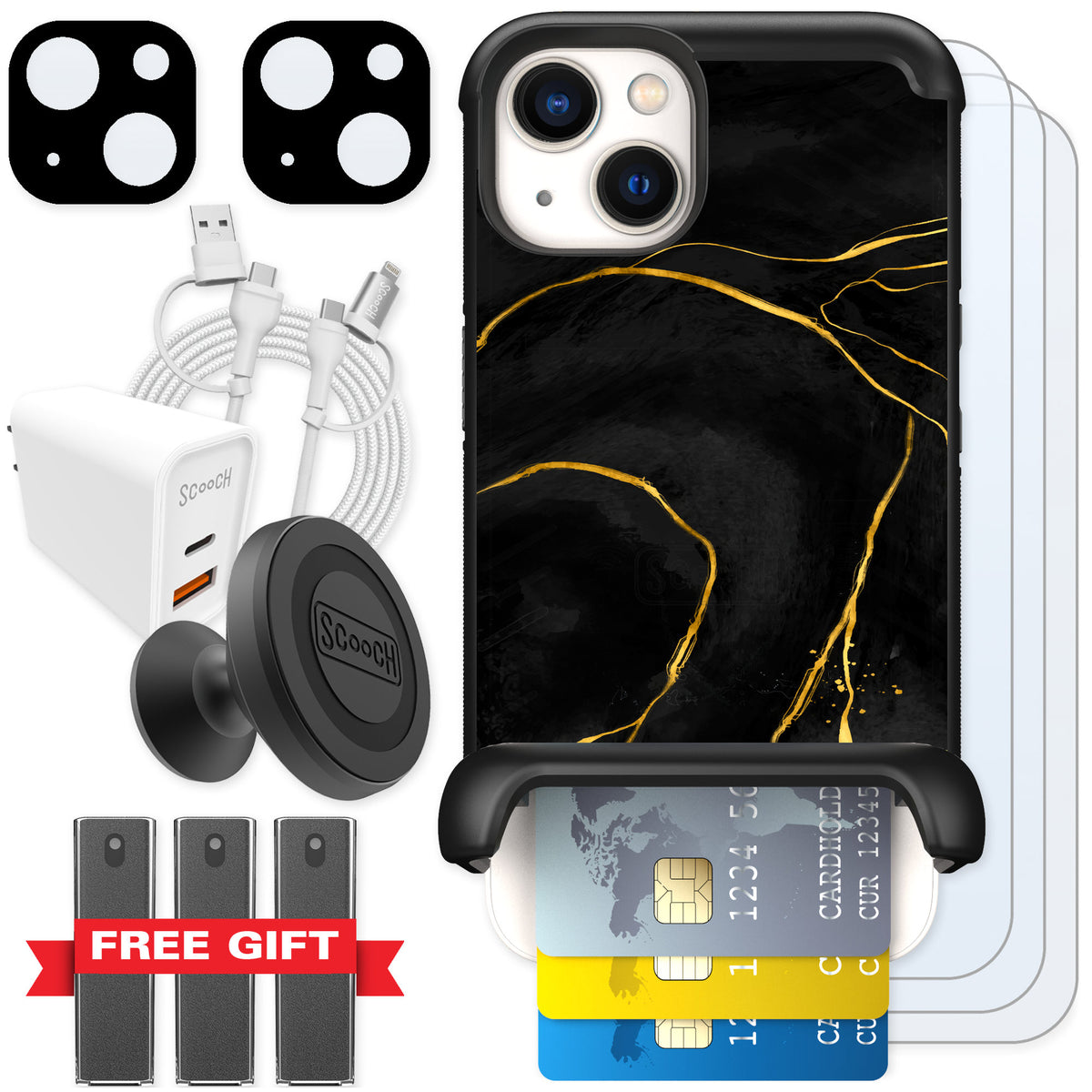Scooch Wingmate Black Marble for iPhone 13 — Ultimate Bundle