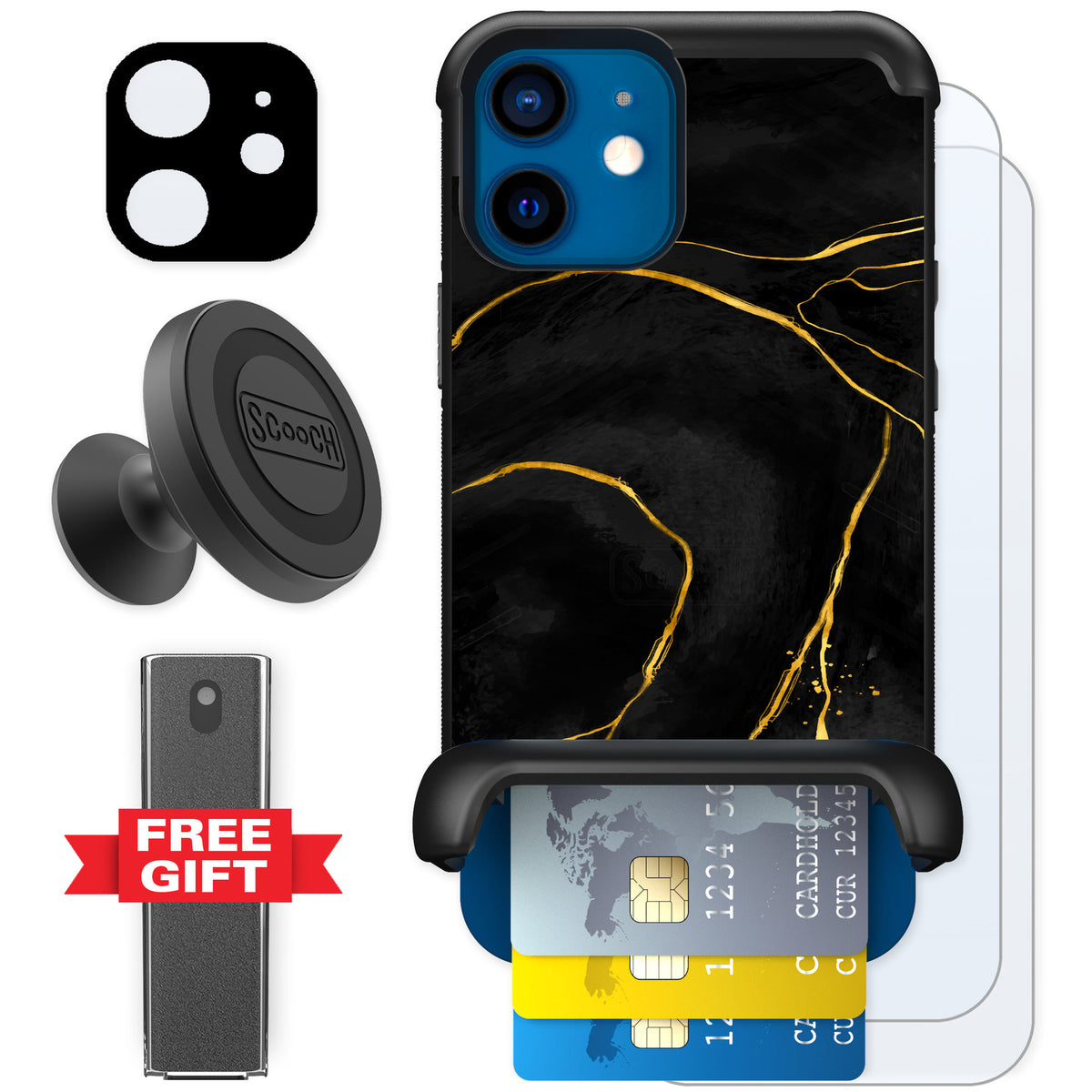Scooch Wingmate Black Marble for iPhone 12 — Defender Bundle
