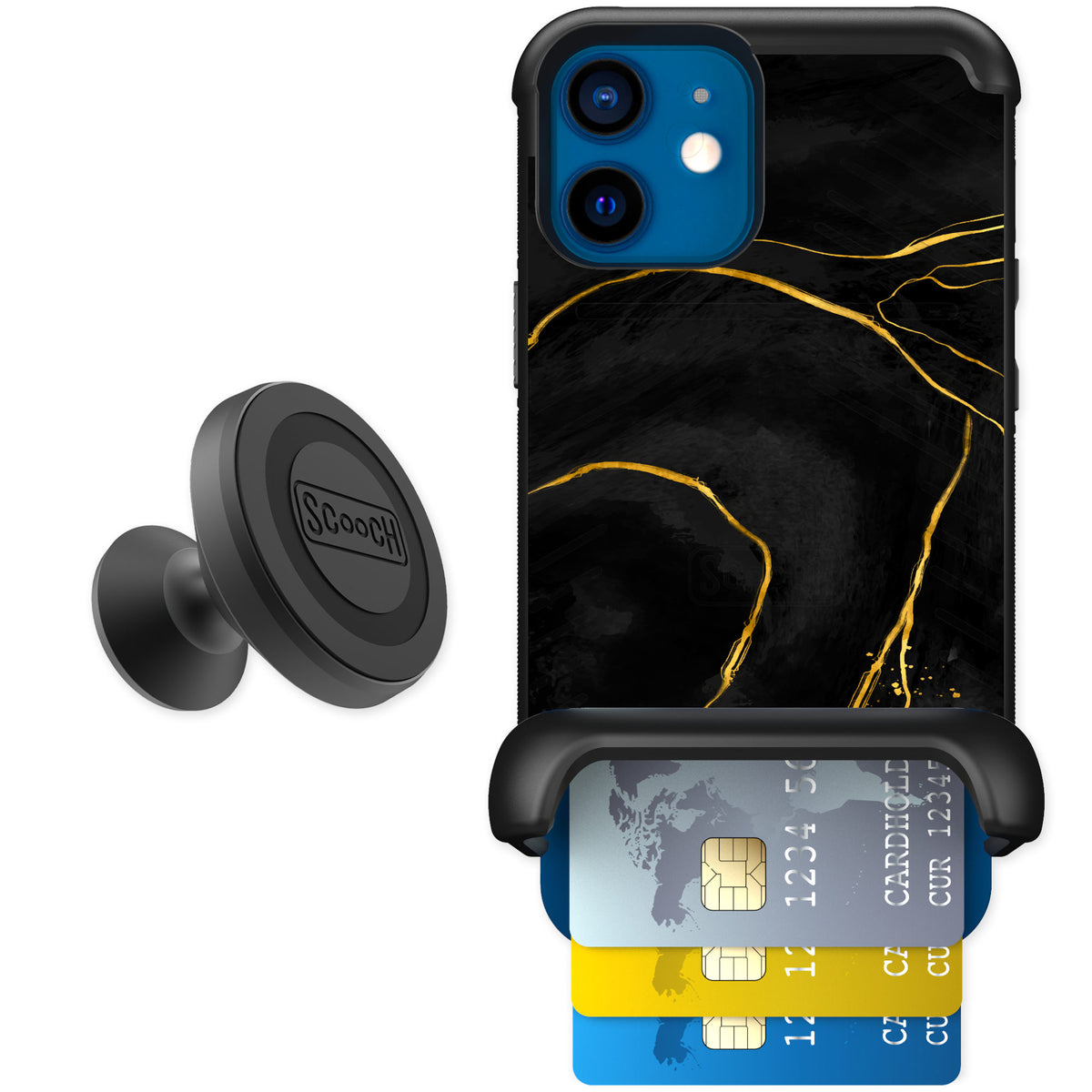 Scooch Wingmate Black Marble for iPhone 12 mini — Starter Bundle