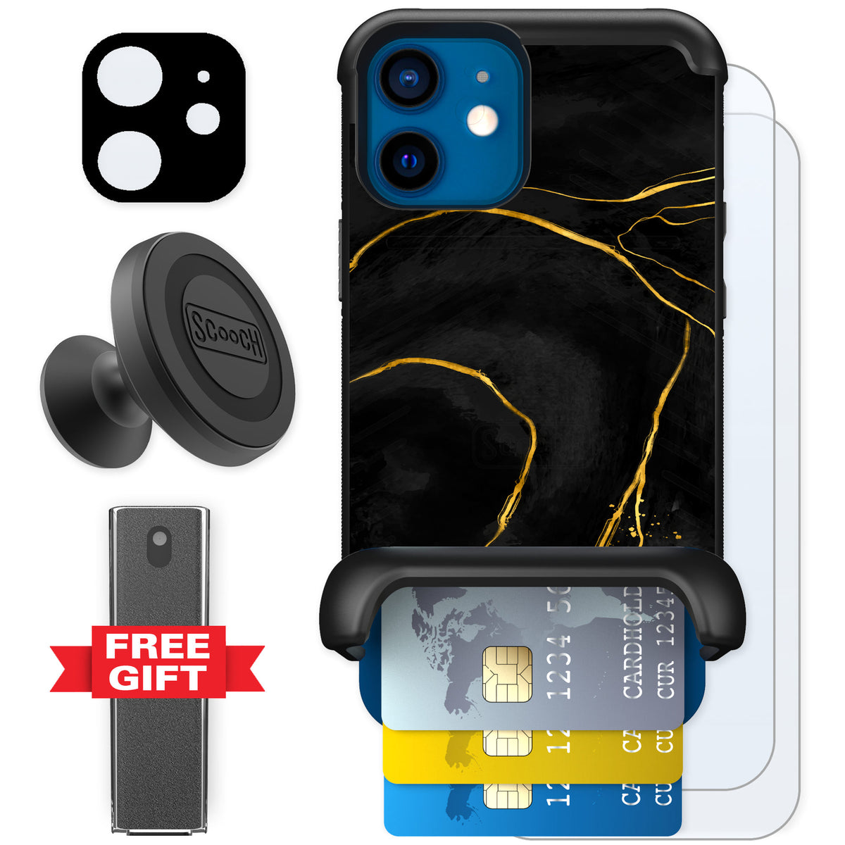 Scooch Wingmate Black Marble for iPhone 12 mini — Defender Bundle
