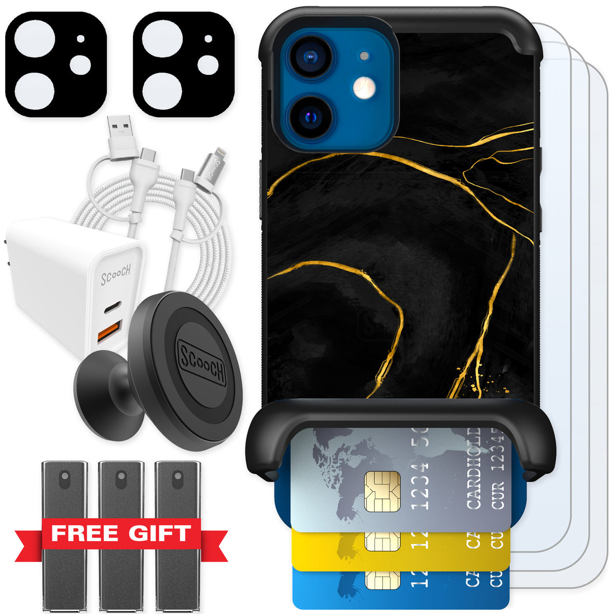 Scooch Wingmate Black Marble for iPhone 12 mini — Ultimate Bundle
