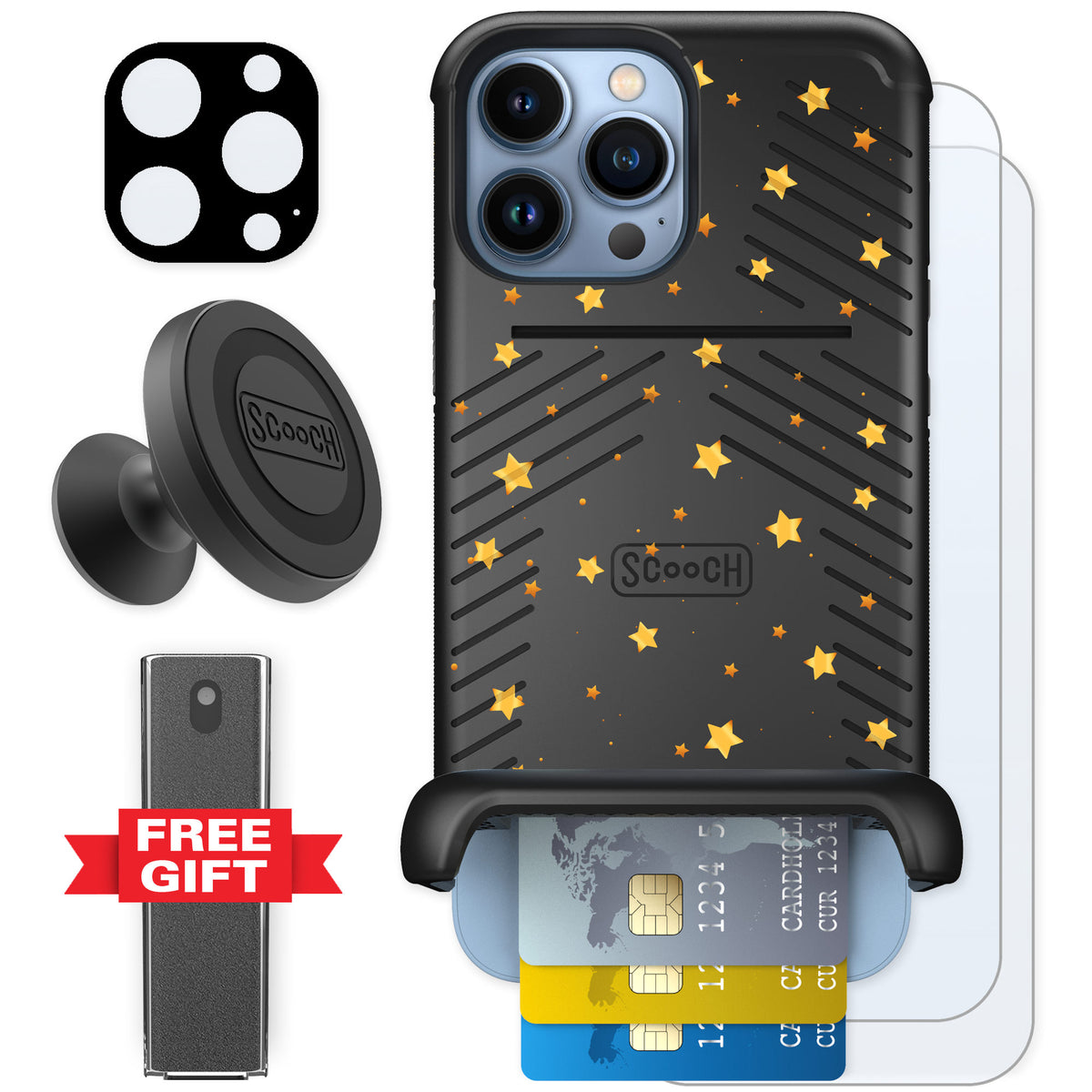 Scooch Wingmate Gold Stars for iPhone 13 Pro Max — Defender Bundle