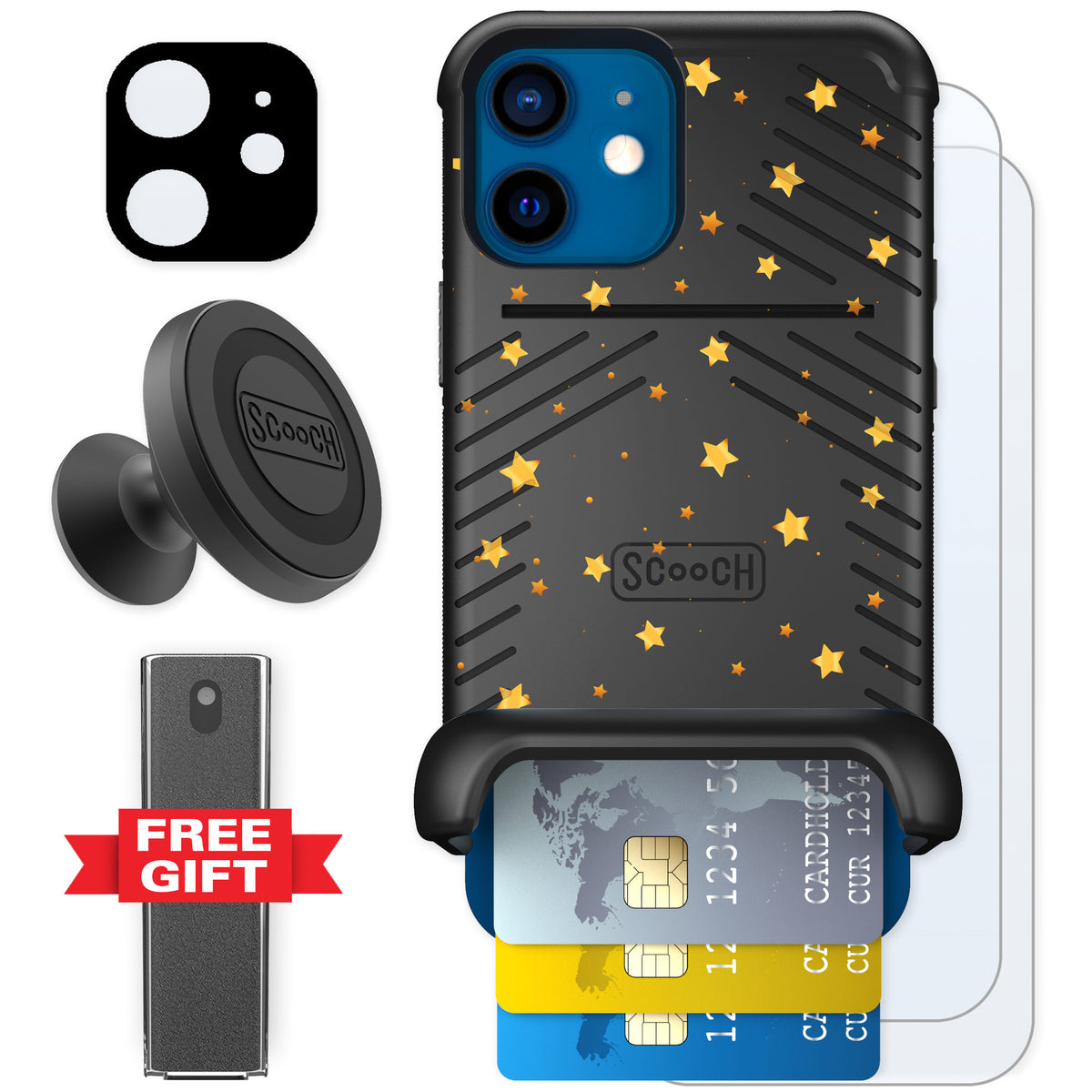 Scooch Wingmate Gold Stars for iPhone 12 mini — Defender Bundle