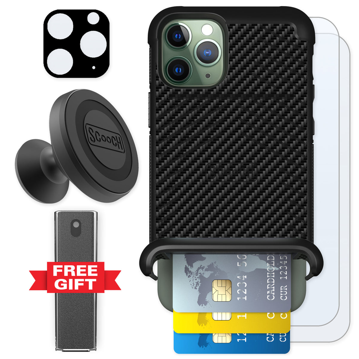 Scooch Wingmate Carbon Fiber for iPhone 11 Pro — Defender Bundle
