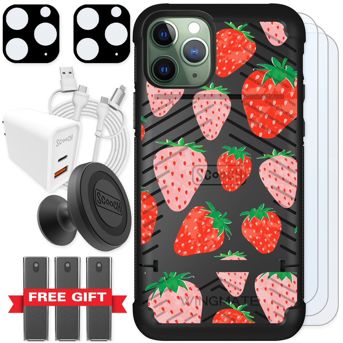 Scooch Wingmate Strawberry Fields for iPhone 11 Pro — Ultimate Bundle