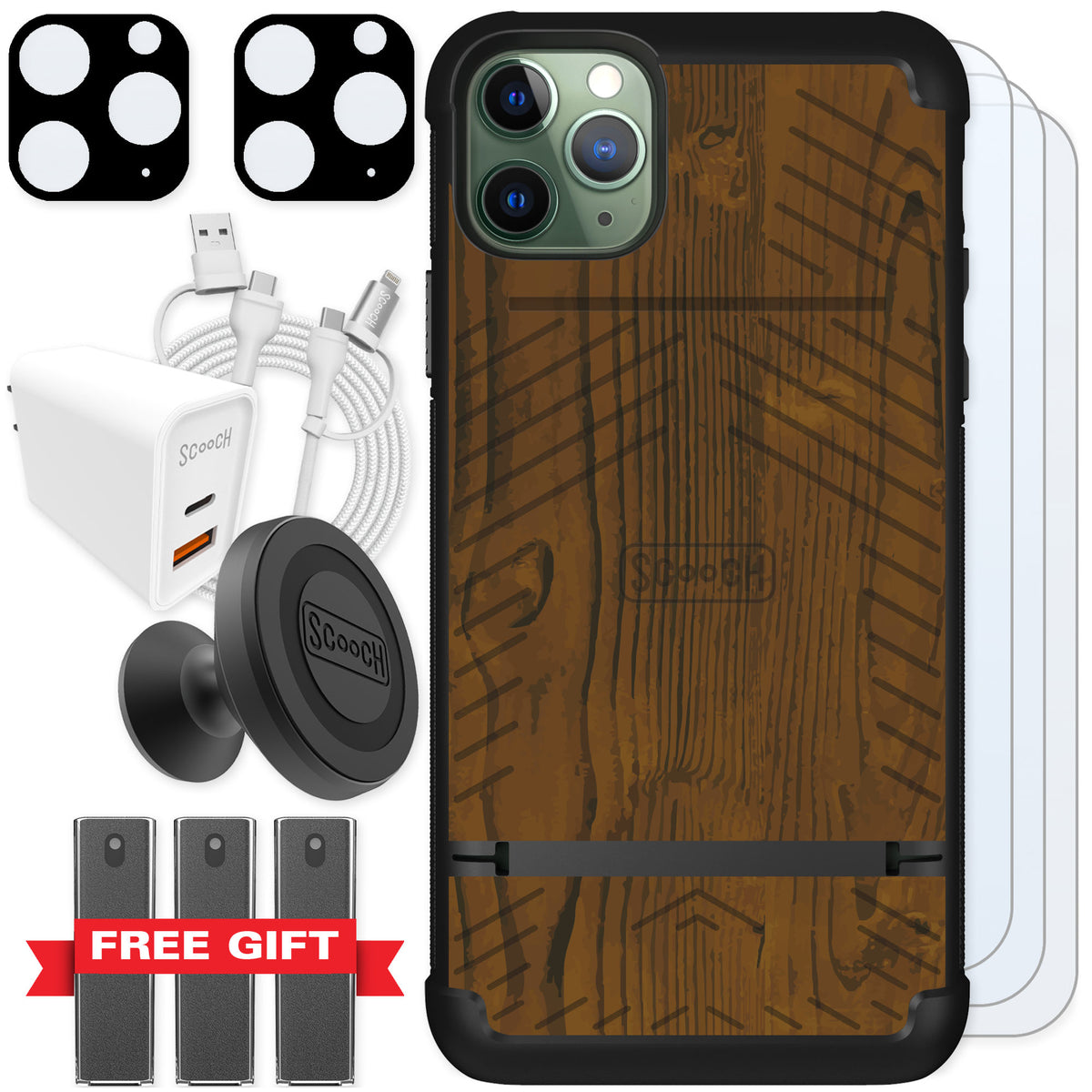 Scooch Wingmate Wood Grain for iPhone 11 Pro Max — Ultimate Bundle