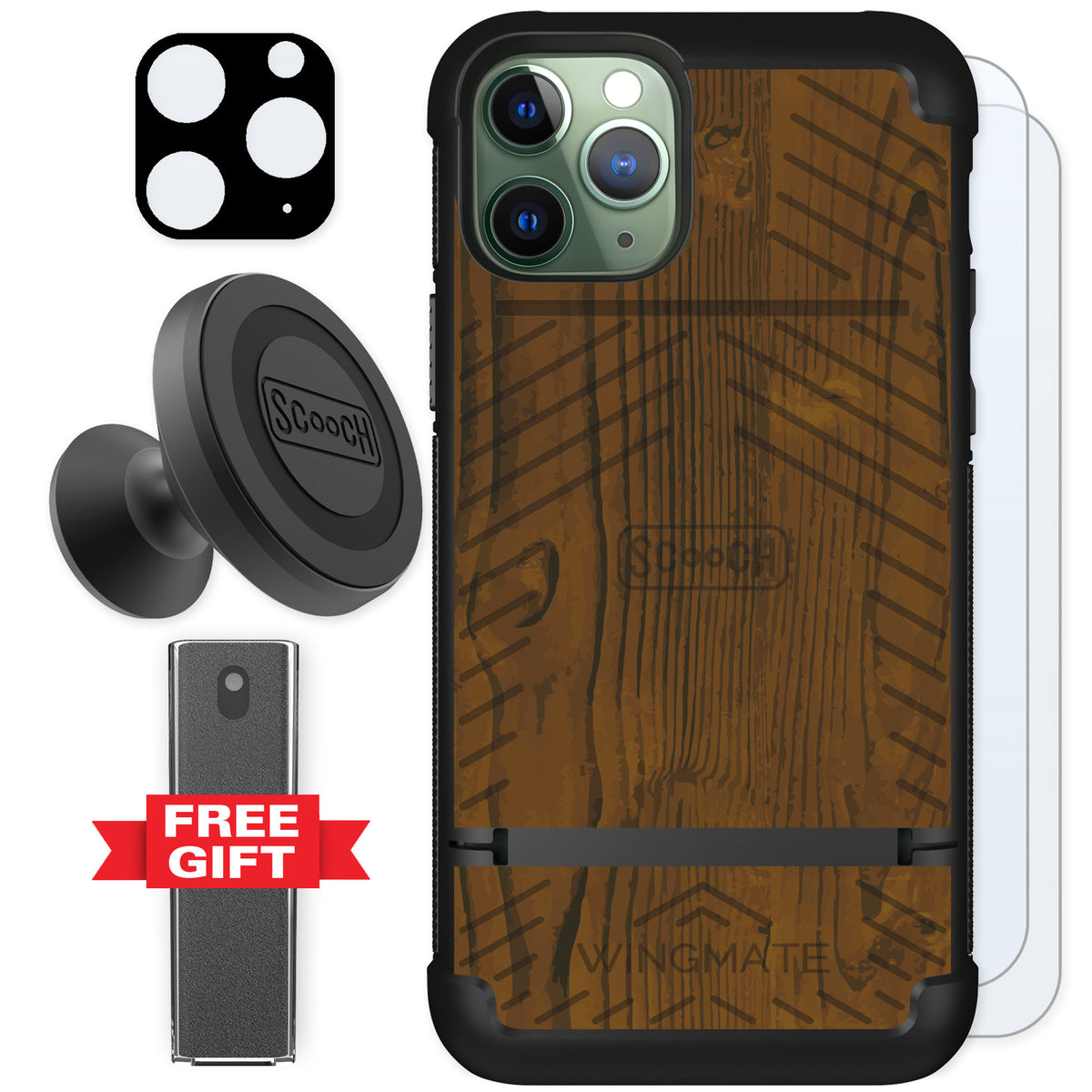 Scooch Wingmate Wood Grain for iPhone 11 Pro — Defender Bundle