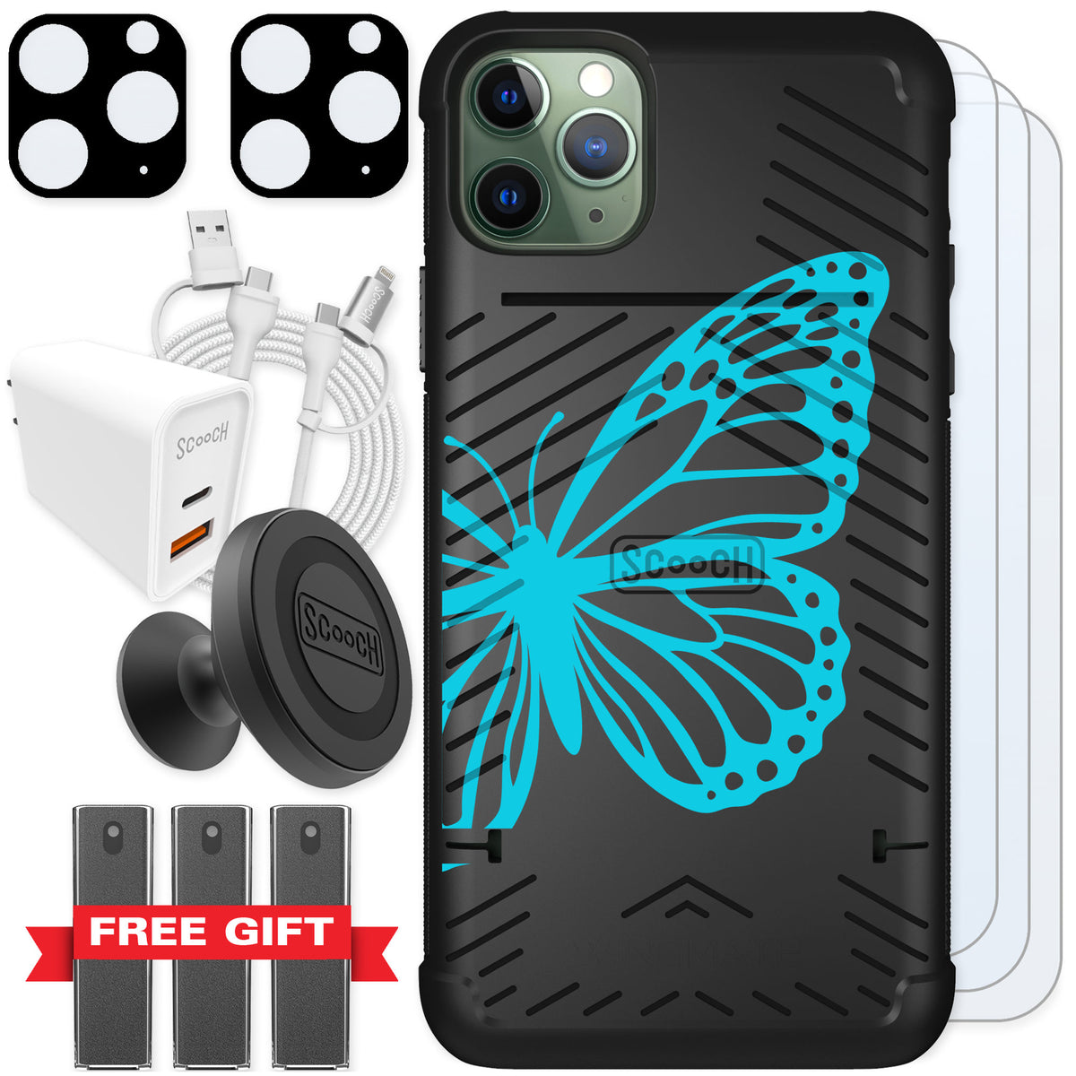 Scooch Wingmate Azure Butterfly for iPhone 11 Pro Max — Ultimate Bundle