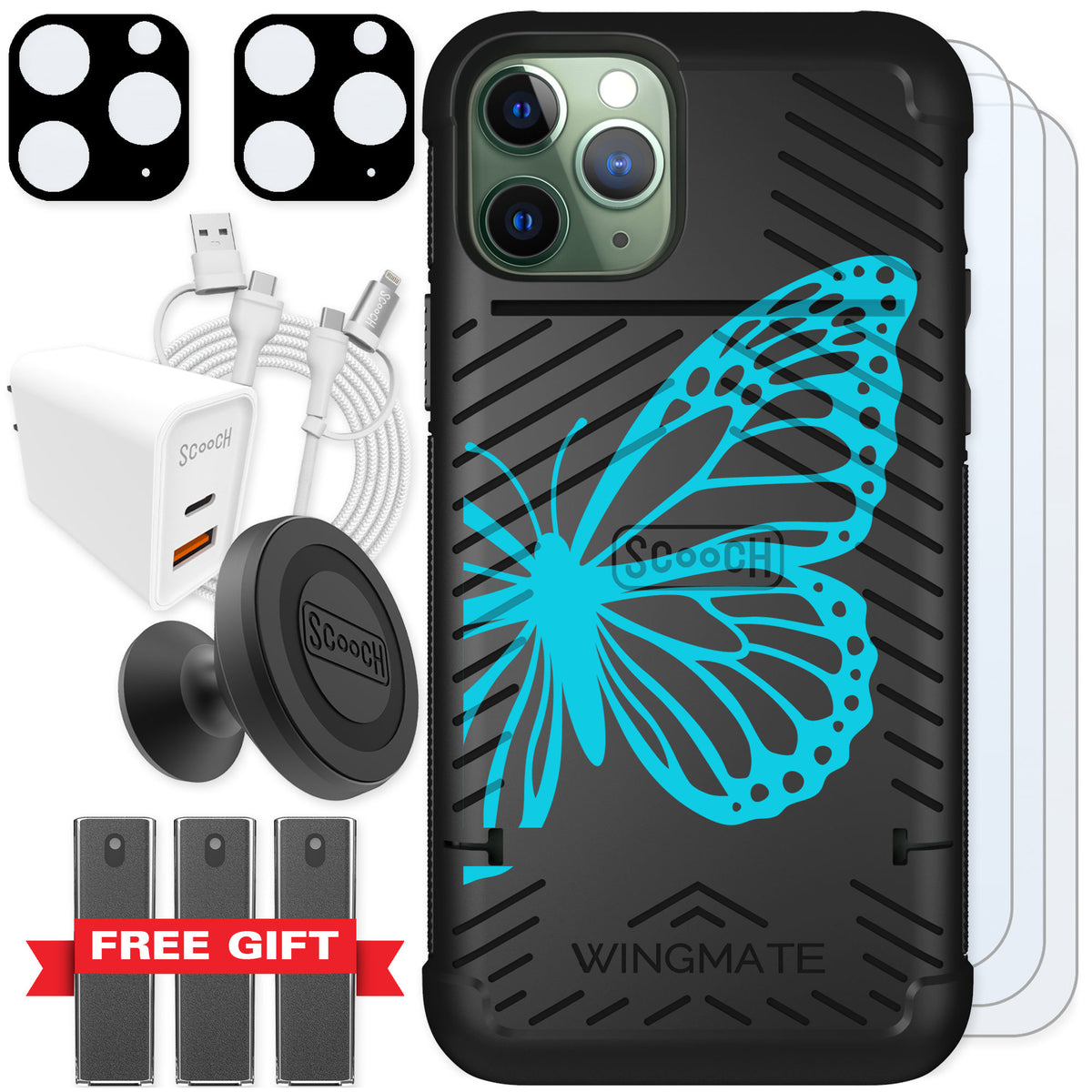 Scooch Wingmate Azure Butterfly for iPhone 11 Pro — Ultimate Bundle