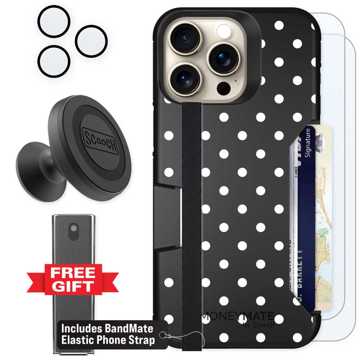 Scooch Moneymate Polka Dots for iPhone 15 Pro Max — Defender Bundle