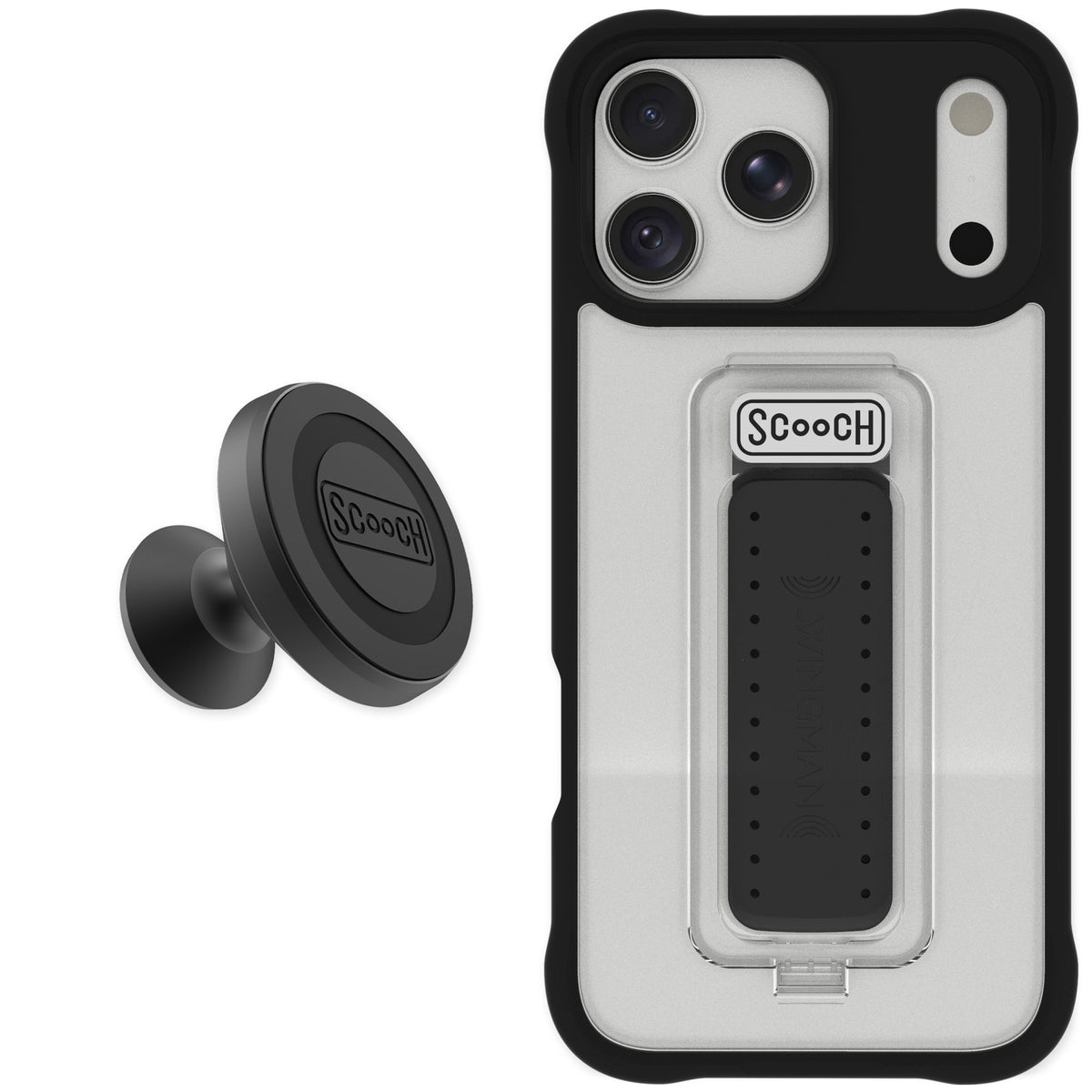 Scooch Wingman Tuxedo Clear for iPhone 18 Pro Max — Starter Bundle