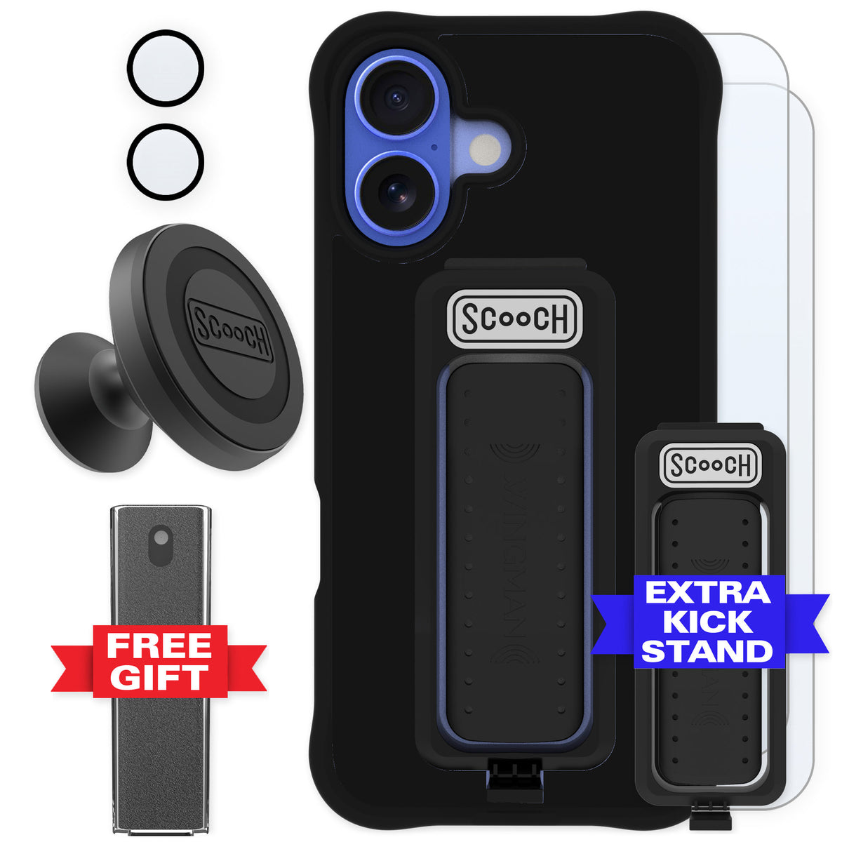 Scooch Wingman Black for iPhone 16 — Defender Bundle