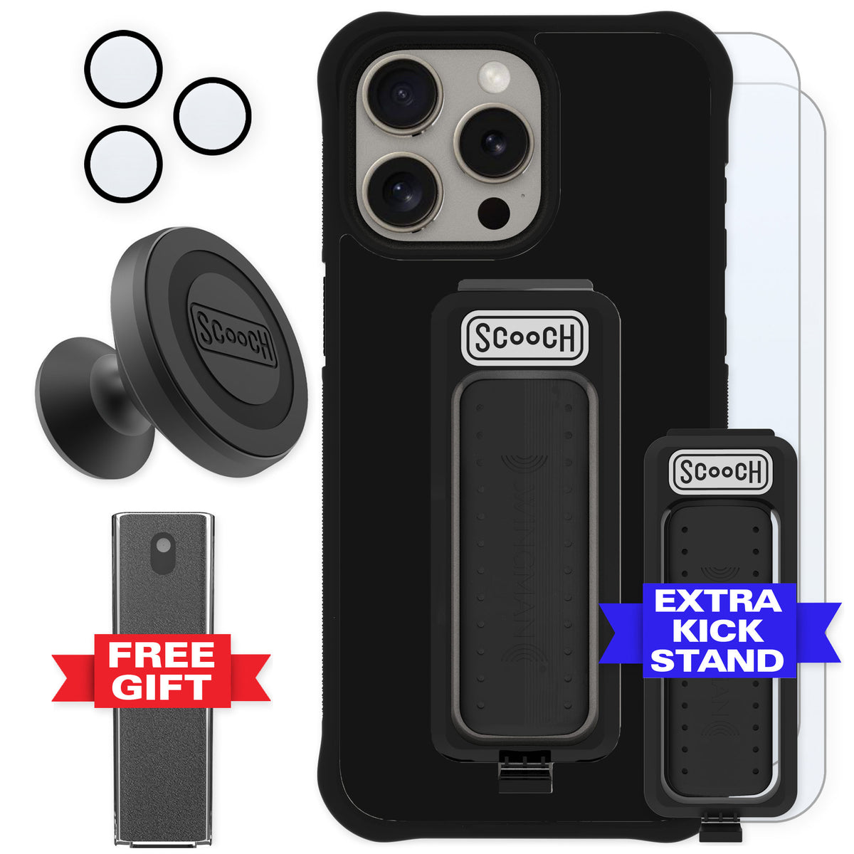 Scooch Wingman Black for iPhone 15 Pro Max — Defender Bundle