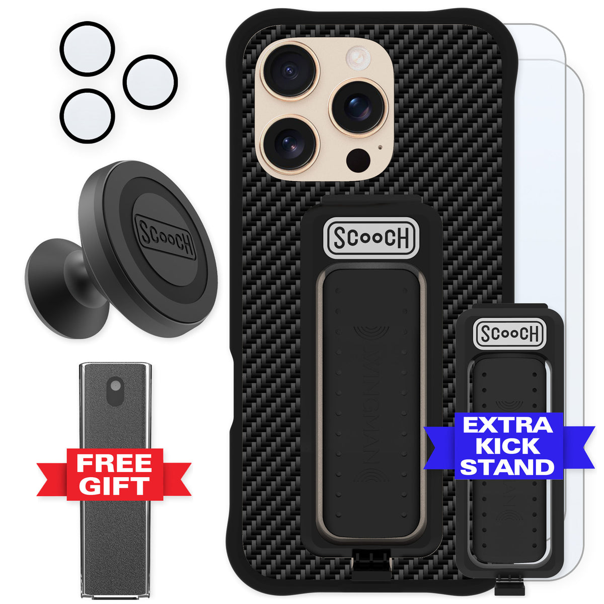 Scooch Wingman Carbon Fiber for iPhone 16 Pro — Defender Bundle