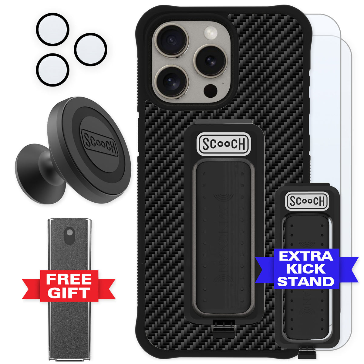 Scooch Wingman Carbon Fiber for iPhone 15 Pro Max — Defender Bundle