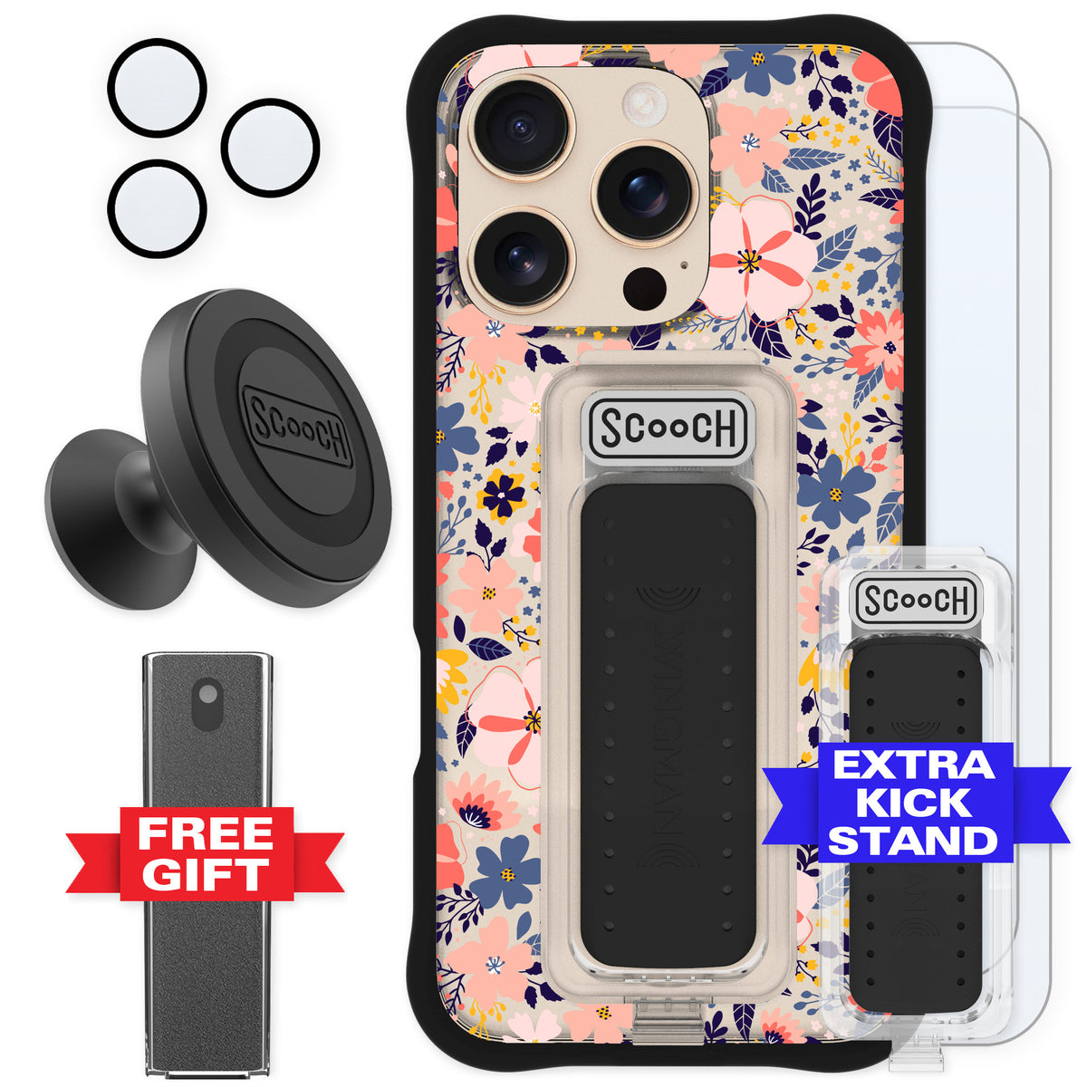 Scooch Wingman Wildflowers for iPhone 16 Pro — Defender Bundle