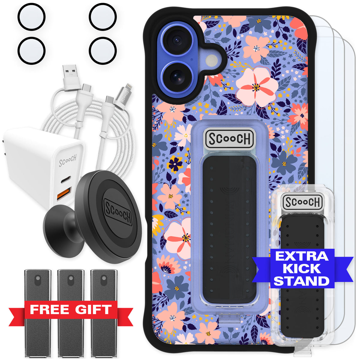 Scooch Wingman Wildflowers for iPhone 16 Plus — Ultimate Bundle