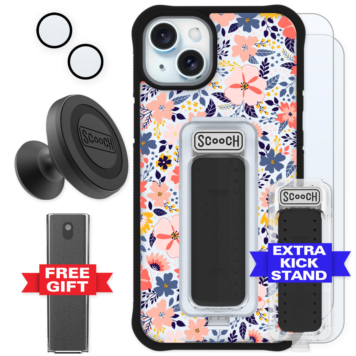 Scooch Wingman Wildflowers for iPhone 15 Plus — Defender Bundle