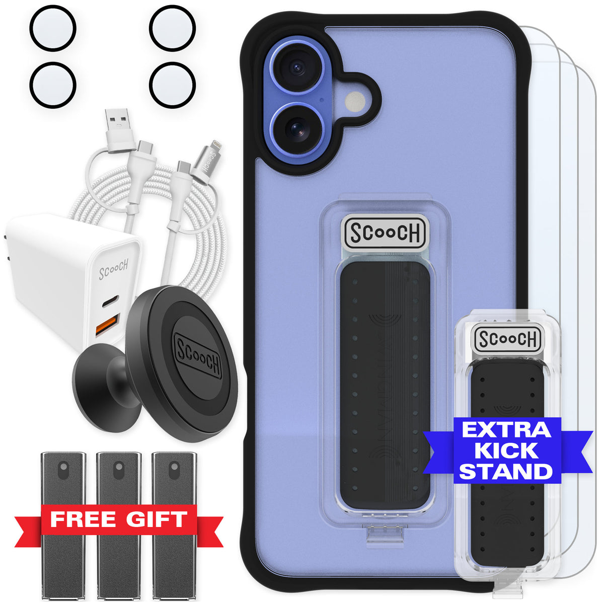 Scooch Wingman Tuxedo Clear for iPhone 16 Plus — Ultimate Bundle