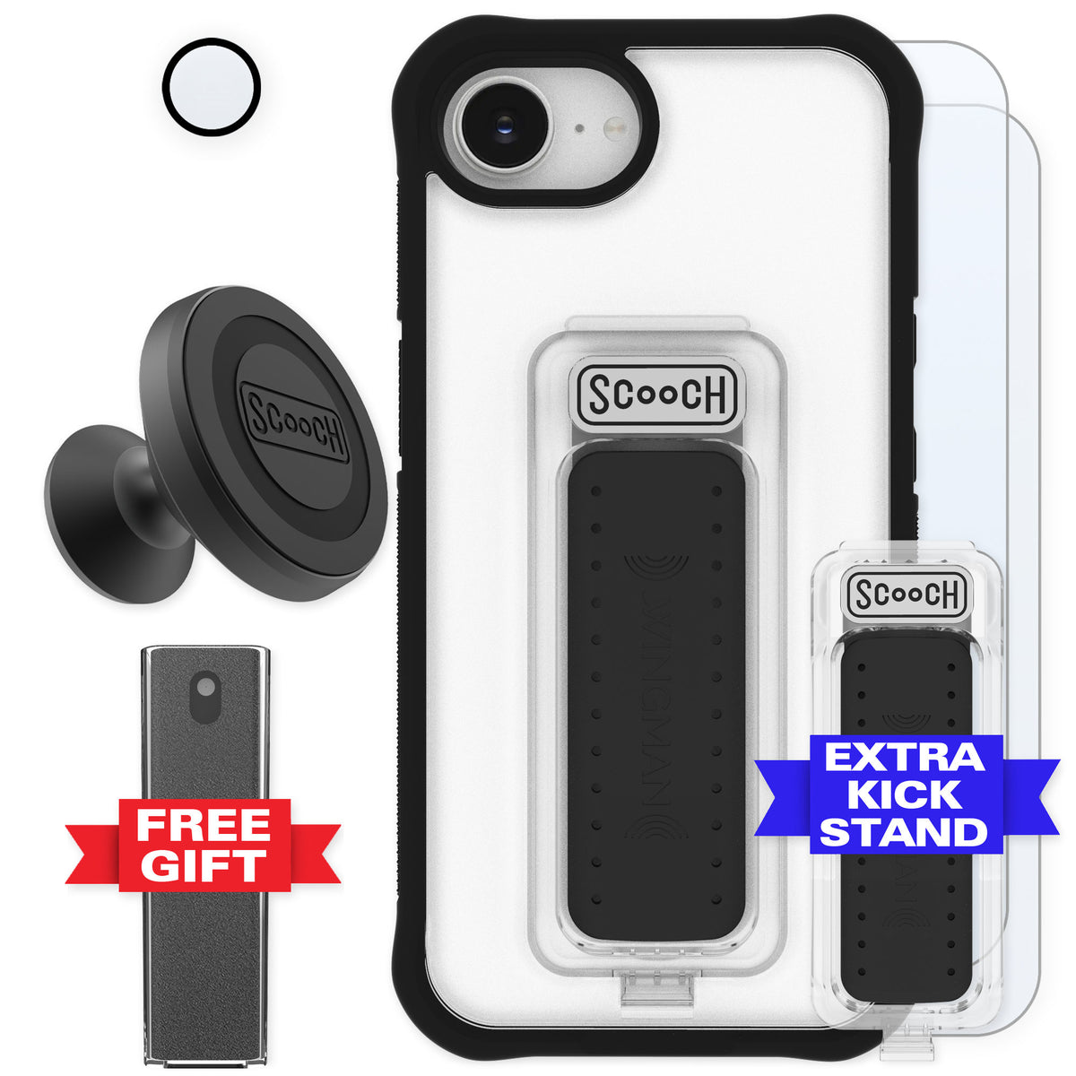 Scooch Wingman Tuxedo Clear for iPhone 16e — Defender Bundle